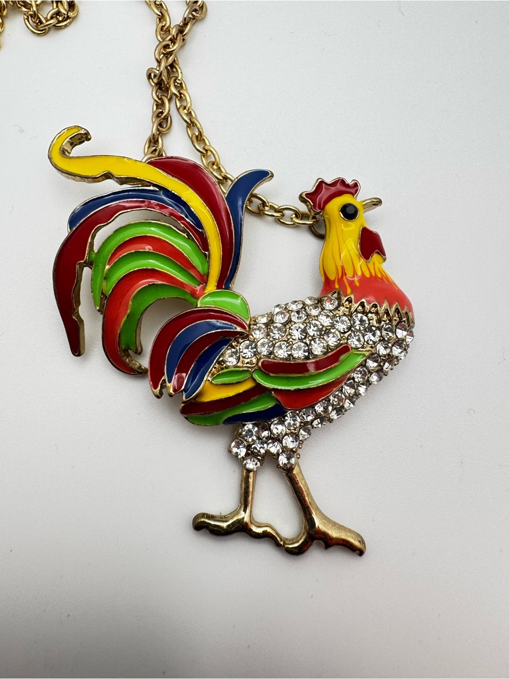 Colorful Enamel Rhinestone Rooster Necklace & Matching Earrings Set